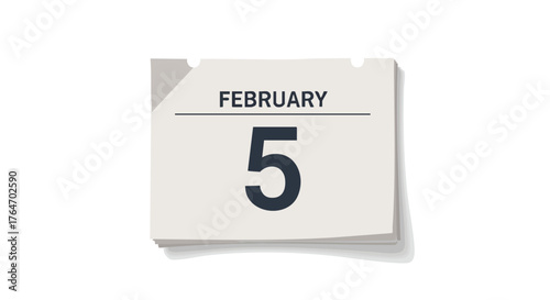 Reminder icon of a February 5th calendar page isolated against a white backdrop, showcasing the date with simple, modern design and neutral color