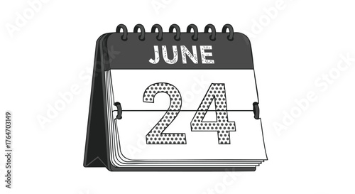 Black and white rendering of a calendar displaying the date of June 24th in a minimalistic design style