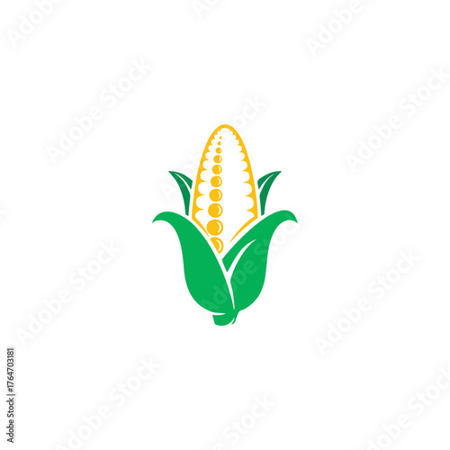 Illustration of a corn cob with green leaves, showcasing a stylized, vibrant design on a white background.