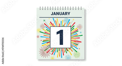 Calendar page showcasing January 1st date with festive burst design representing New Year celebration kickoff