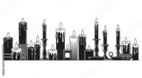Black and white illustration of a variety of lit candles.