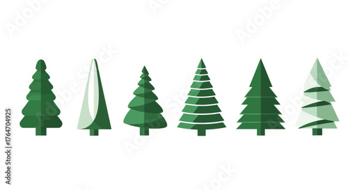 A collection of six stylized evergreen trees in various shades of green, each with a unique geometric design.