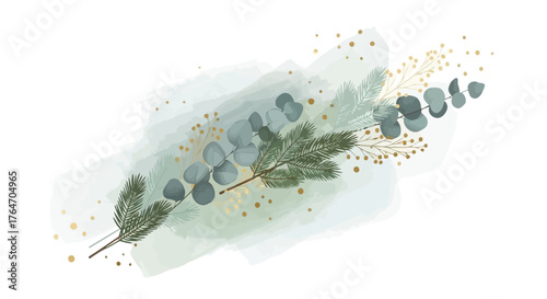 Watercolor illustration of eucalyptus branch with pine needles and gold dots on a light green background.