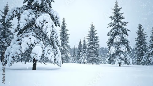 A tranquil winter wonderland scene with snow-laden trees, suitable for festive greetings