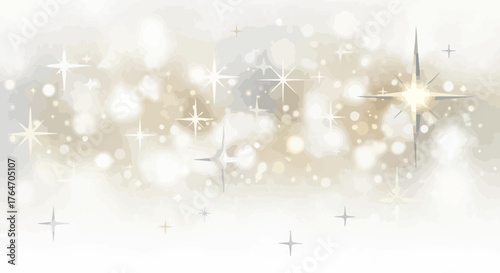 Abstract background with bokeh lights and starbursts in gold and white tones.