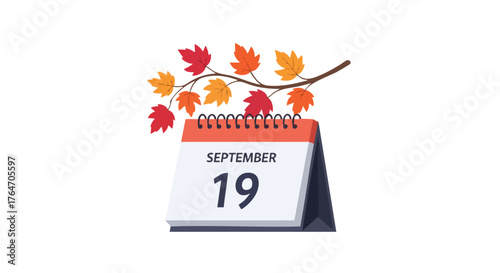 September 19th: A stylized desktop calendar with autumn leaves for seasonal reminders and planning days marking a specific date in a vibrant and