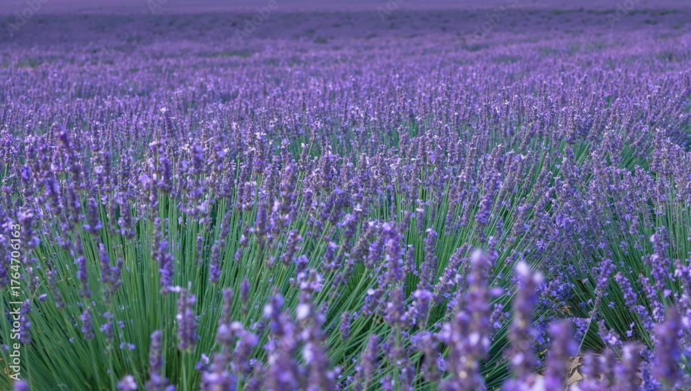 Obraz premium A scenic field of lavender blooms dances softly in the wind, stretching endlessly and coloring the land in shades of violet with a sweet aroma.