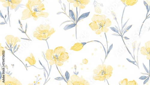 Continuous floral design featuring yellow blooms on a white backdrop