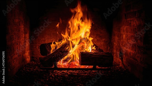 Close-up of a Warm Hearth with Bright Orange Flames Flickering Over Rustic Bricks