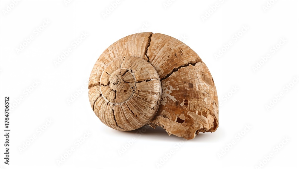 Fototapeta premium Ancient fragmented petrified marine snail shell on a plain white backdrop