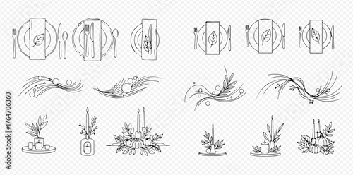 Line art illustrations of festive table settings and Christmas decorations with plates, cutlery, napkins, and candle centerpieces.