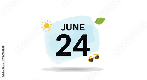 Stylized reminder of June 24th event with vibrant sun, leaf, and sunglasses marking summer celebration, fun, and festive time