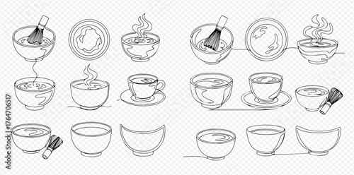 Hand-drawn sketch illustrations of matcha tea preparation and serving in various bowls and cups, depicting whisking, pouring, and steaming.