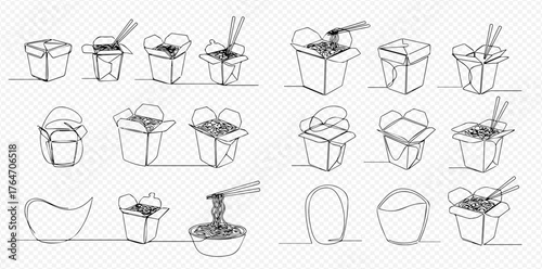 Continuous line art drawings of various Chinese takeout boxes and a noodle bowl with chopsticks, illustrating Asian fast food containers.