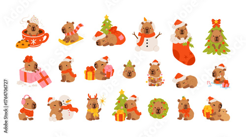 Set cute christmas capybaras in different poses and christmassy items. Hand drawn cartoon flat vector style. Holiday seasonal decoration for design, kids collection, stickers