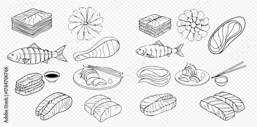 Detailed line art illustration of various seafood items including whole fish, fillets, sushi, and sashimi with chopsticks and sauce.