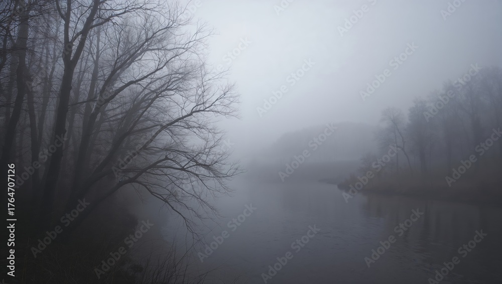 Naklejka premium Fog Envelopes Leafless Trees Along the Riverside