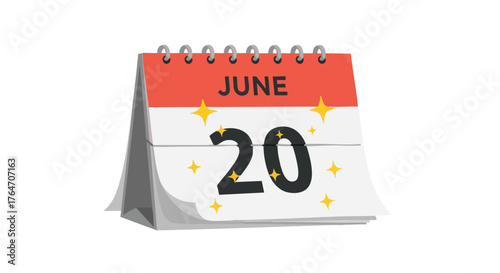 A desktop calendar page displaying June 20th adorned with sparkling stars and vibrant colors displaying the date for appointments and events