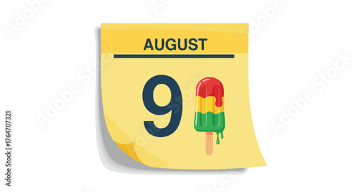 August Ninth Calendar Page with Cartoon Popsicle Graphic Marking the Summer Date for Sweet Indulgence