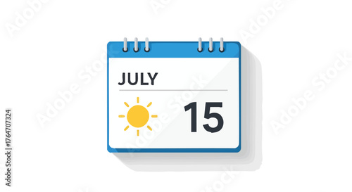 Illustrative calendar icon signifying a mid-July date, featuring the fifteenth day and a sun symbol, indicating a summertime event or celebration