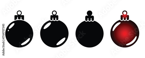 Christmas Ornament Icons, Set of Four Bauble Silhouettes, Vector Icons of Holiday Ornaments, Shiny Red Christmas Ball with Black Bauble Designs, vector, illustration.
