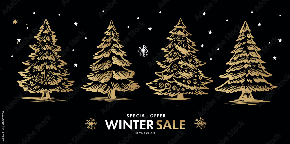 Fototapeta premium Winter sale, Christmas tree and star set on black, Hand drawn illustration. 