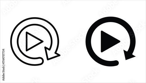 Replay icon set. Replay video button symbol. Repeat icon. Replay video button icon Isolated on white background.