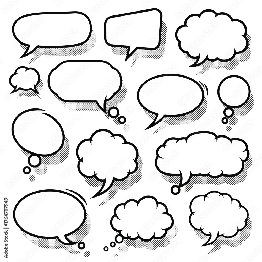 Fototapeta premium A collection of various cartoon speech bubbles and thought clouds on a clean white background with drop shadows.