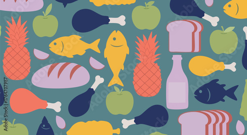 Colorful food pattern featuring pineapple fish bread chicken and apples art