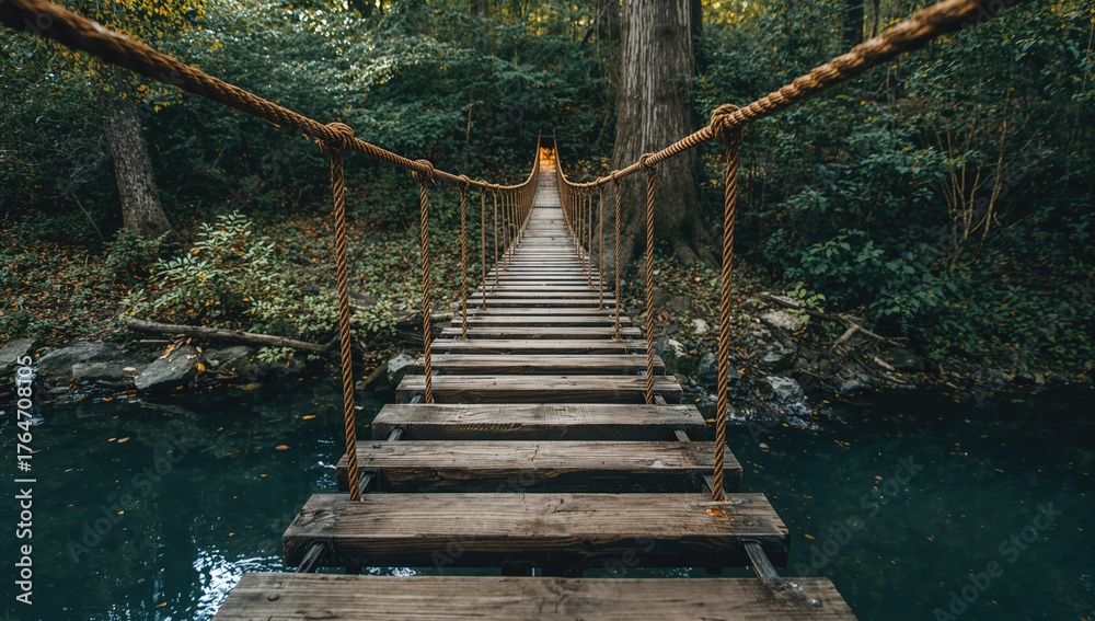 Fototapeta premium A rope-secured bridge crafted from steel and timber amidst a natural forest setting