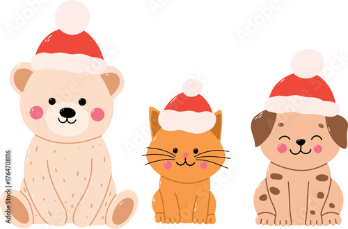 Colorful Holiday Christmas Vector Set Featuring bear, cat, dog. Whimsical holiday doodles ideal for festive projects. Includes ornaments, gift. Vector illustration