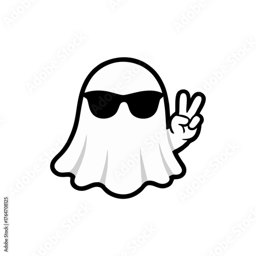 Charming cartoon ghost character in cool sunglasses making a peace sign, a playful and friendly apparition design perfect for various fun and spooky-themed projects and seasonal events