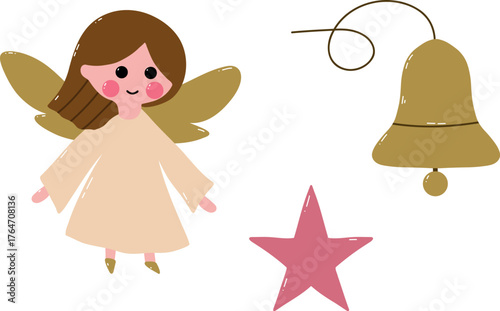 Colorful Holiday Christmas Vector Set Featuring fairy, star, bell. Whimsical holiday doodles ideal for festive projects. Includes ornaments, gift. Vector illustration