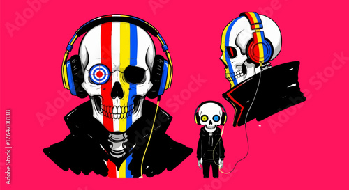 Skull with headphones and colorful stripes in a pop art style against pink backdrop