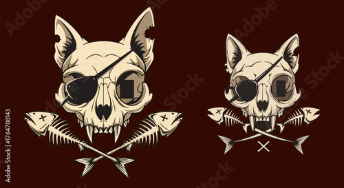 Pirate cat skull with eye patch and crossed fishbones design for apparel and prints