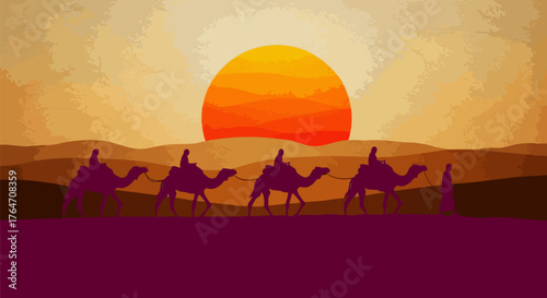 Silhouette of a desert caravan with camels and people at sunset in a warm landscape