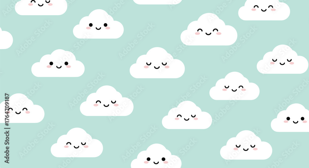 Fototapeta premium Cute Kawaii Clouds with Happy Faces Pattern.