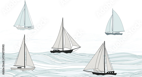 Five Sailboats Sailing on the Water.