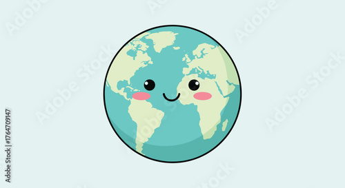 Cute Cartoon Earth Character Smiling with Rosy Cheeks.