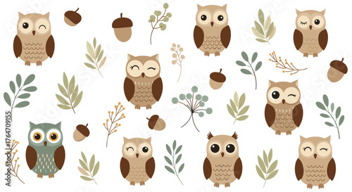 Cute cartoon owl characters collection with forest elements.