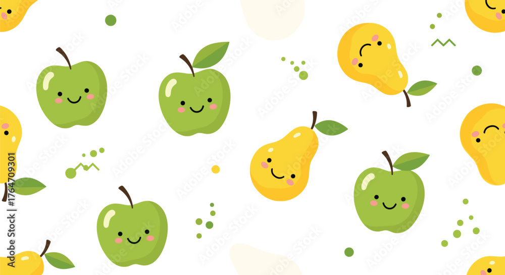 Fototapeta premium Cute Kawaii Apples and Pears Seamless Pattern.