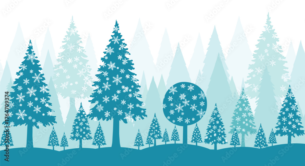 Obraz premium Winter wonderland scene with decorated Christmas trees and snowflakes.
