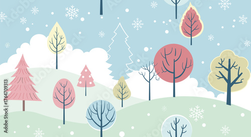 A whimsical collection of colorful stylized trees in a winter landscape.