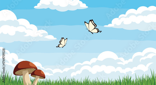 Two beautiful butterflies gracefully flying above the vibrant green grass.