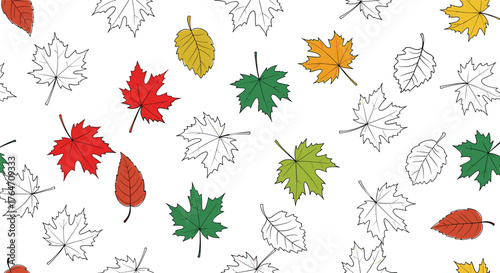 Colorful and outlined autumn leaves scattered on a white background.