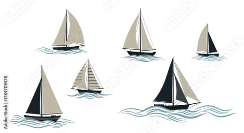 Sailboats sailing on the water with white sails and dark hulls.