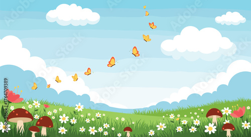 Butterflies soaring through the sky above a vibrant meadow scene.