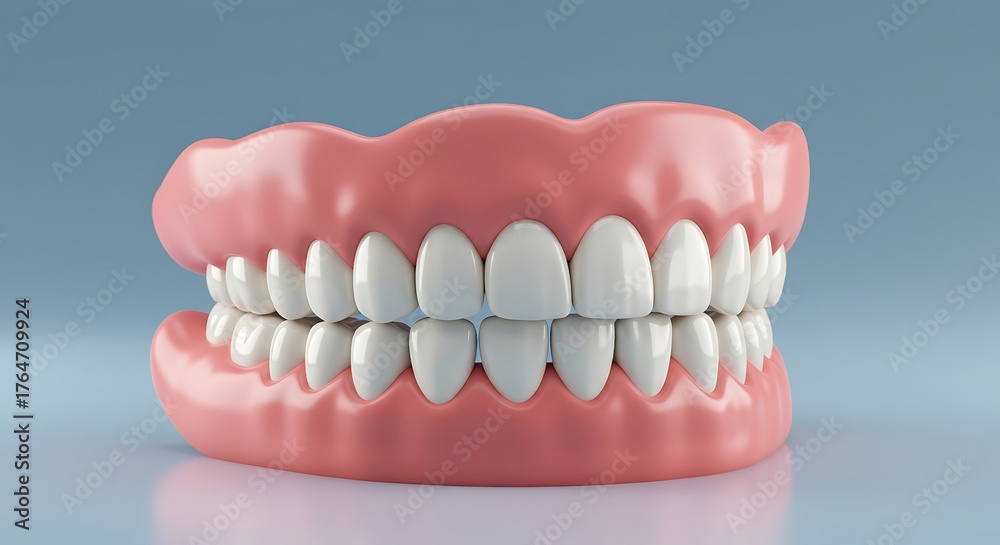 Obraz premium A close-up studio shot showcasing a complete set of clean, white dentures, against a blue backdrop