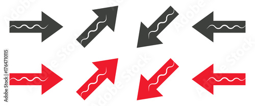 Set of Eight Wavy Line Arrows Pointing Various Directions, Flow and Movement Concept Symbols