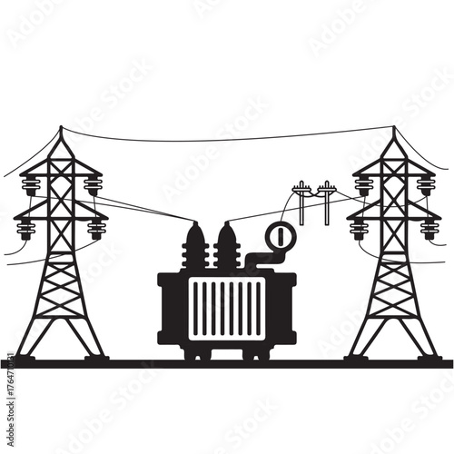 Electric substation and high voltage power line vector illustration – energy transmission and transformer concept